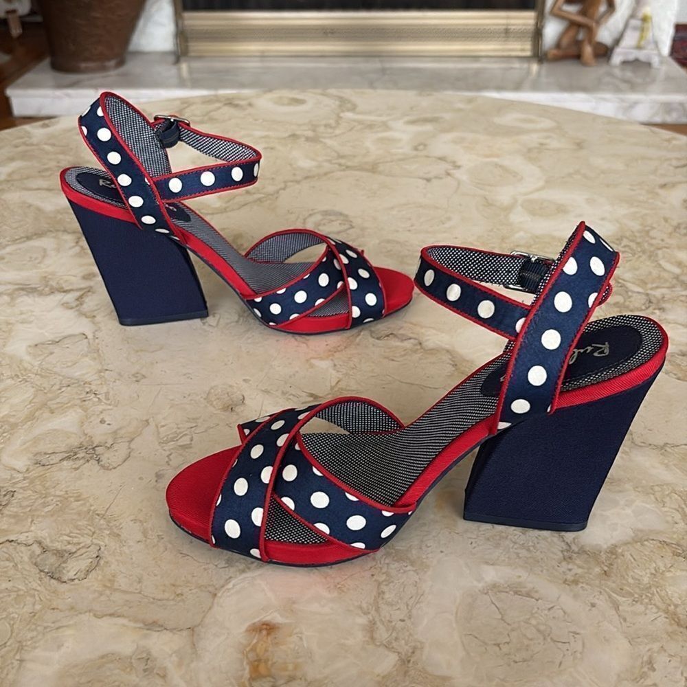 Ruby Shoo Evie Womens Shoes (Navy) Polka Dot Rockabilly Wedge Sandals